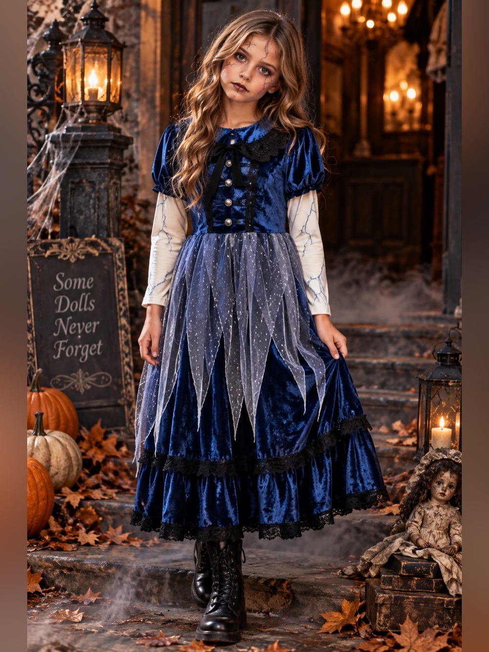 Spirit Halloween Broken Doll Costume Child L 12-14 Blue Velvet Haunted Doll Dres